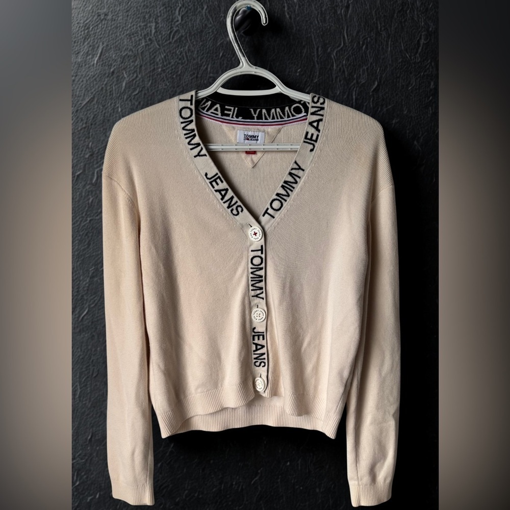 Tommy Hilfiger cream button up cardigan size Medium with Tommy print